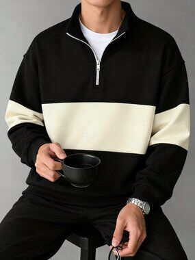 Black Casual Men's Collegiate Style Half-Zip Long Sleeve Sweatshirt